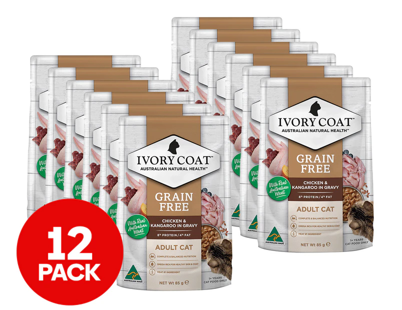 12 x Ivory Coat Adult Cat Wet Food Chicken & Kangaroo In Gravy 85g