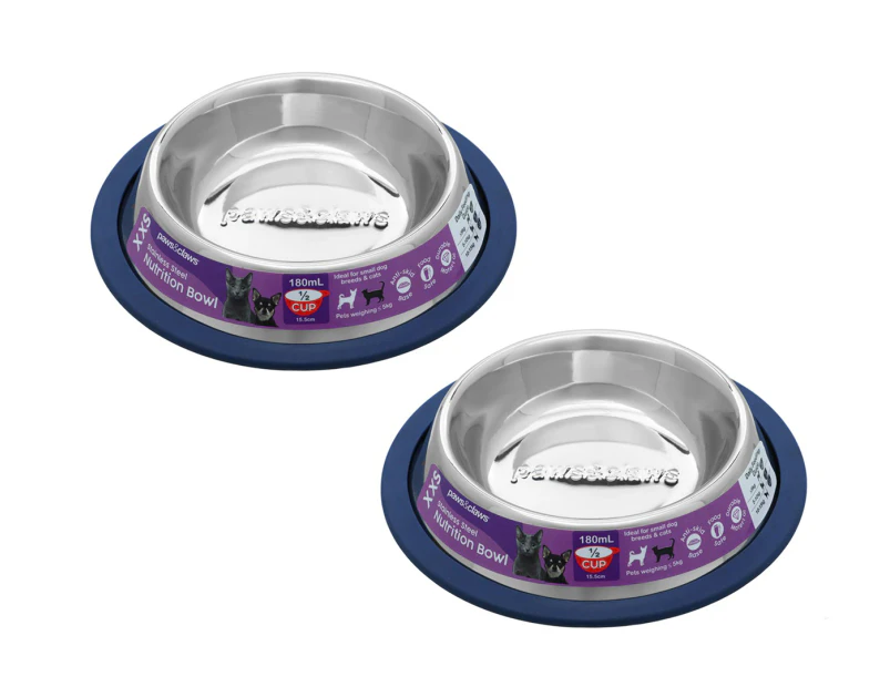 2 x Paws & Claws 180mL Stainless Steel Pet Bowls - Silver