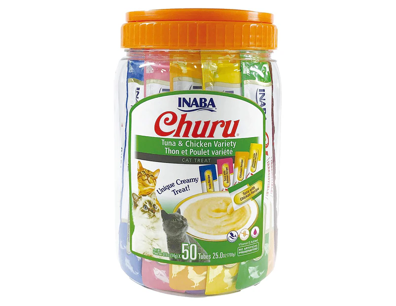 50 x Inaba Churu Creamy Puree Cat Treat Tubes Tuna & Chicken Varieties 14g