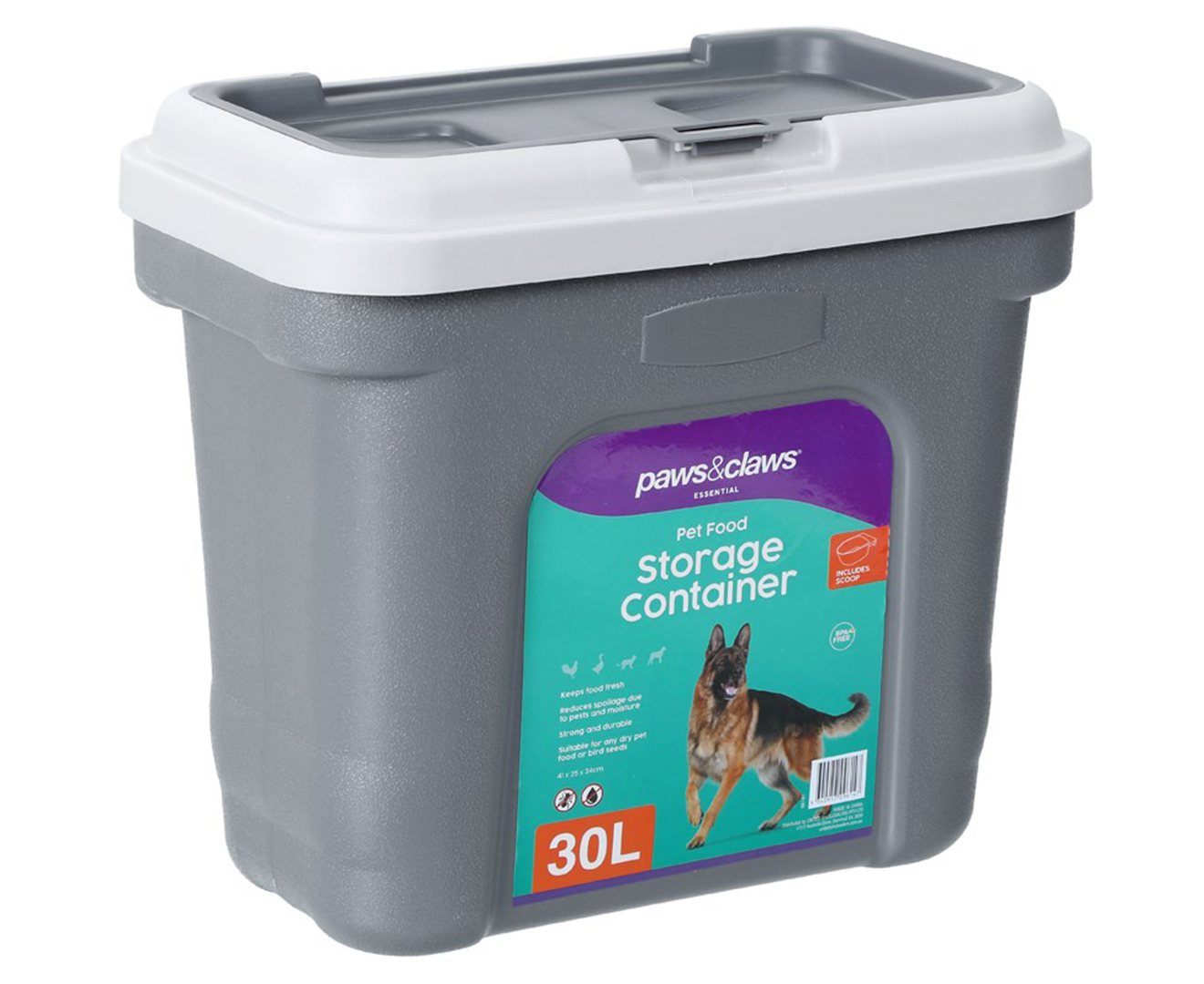 Paws Claws 30L Pet Food Storer Grey Light Grey Catch .au