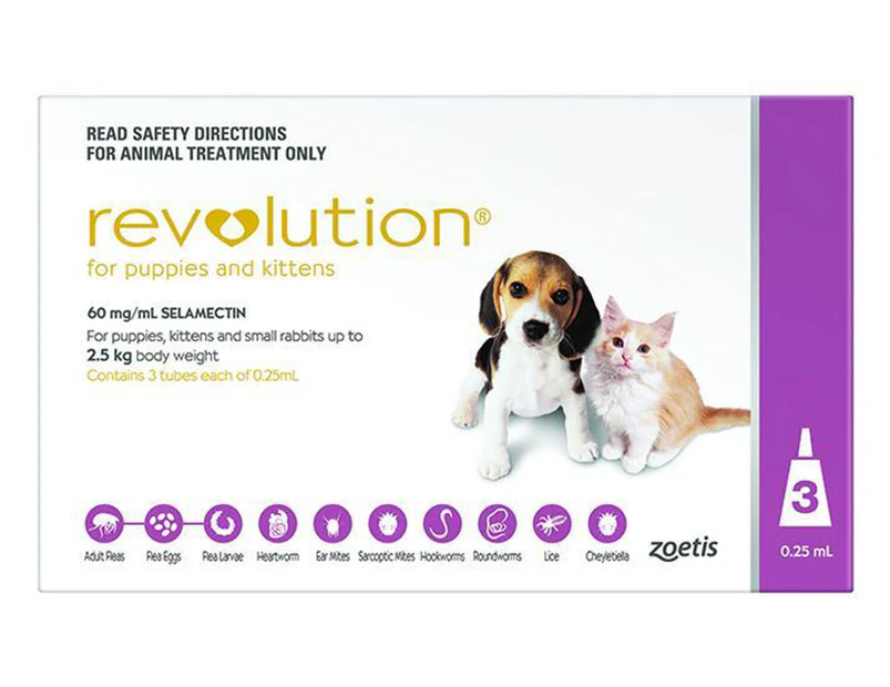 3pk Revolution Flea, Heartworm & Ear Mite Treatment For Puppies & Kittens Under 2.5kg