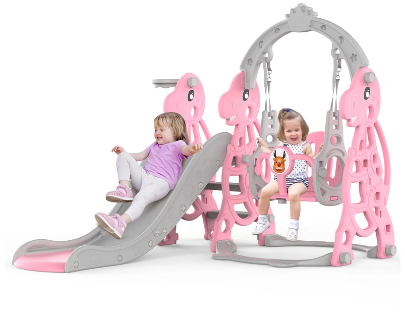Advwin Toddler Slide and Swing Set Outdoor / Indoor Play Slide Children Climber Playground with Basketball Hoop Pink Grey