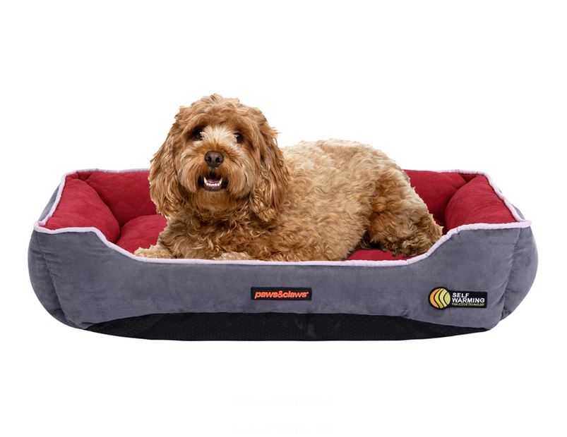 Paws & Claws Medium Self Warming Walled Pet Bed - Grey/Red