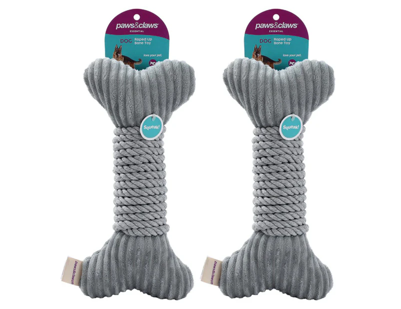 2 x Paws & Claws 30cm Roped-Up Plush Bone Toy - Grey