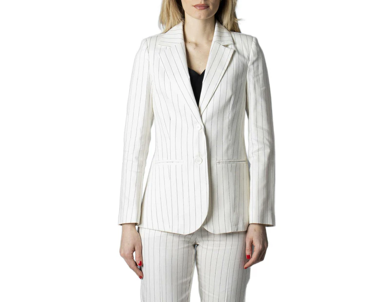 Striped Buttoned Blazer with Lapel Collar and Front Pockets - White