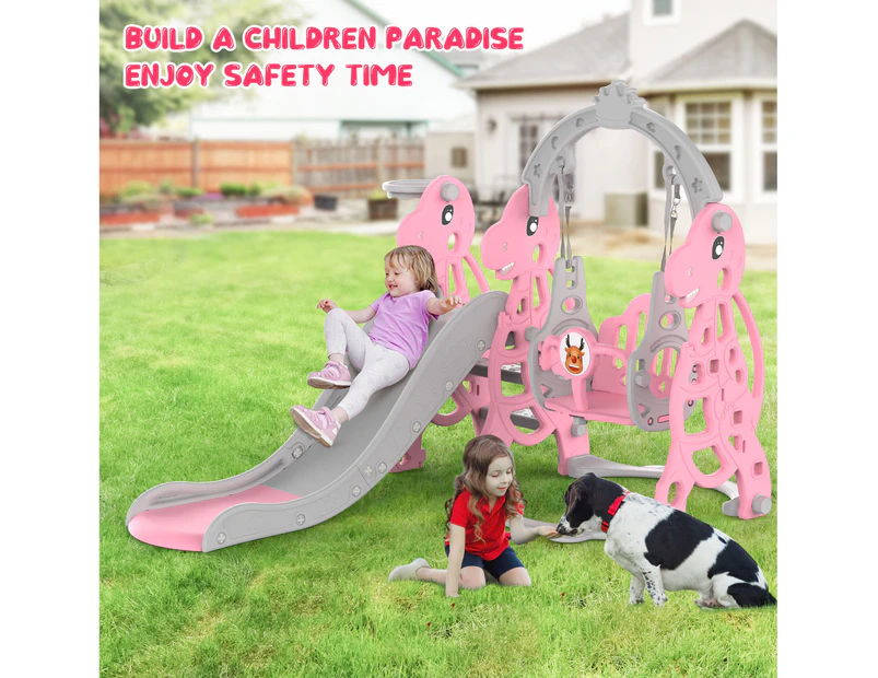 Ufurniture Kids Slide and Swing Set 4 in-1 Toddler Slide Swing Basketball Hoop Indoor Outdoor Playground Pink