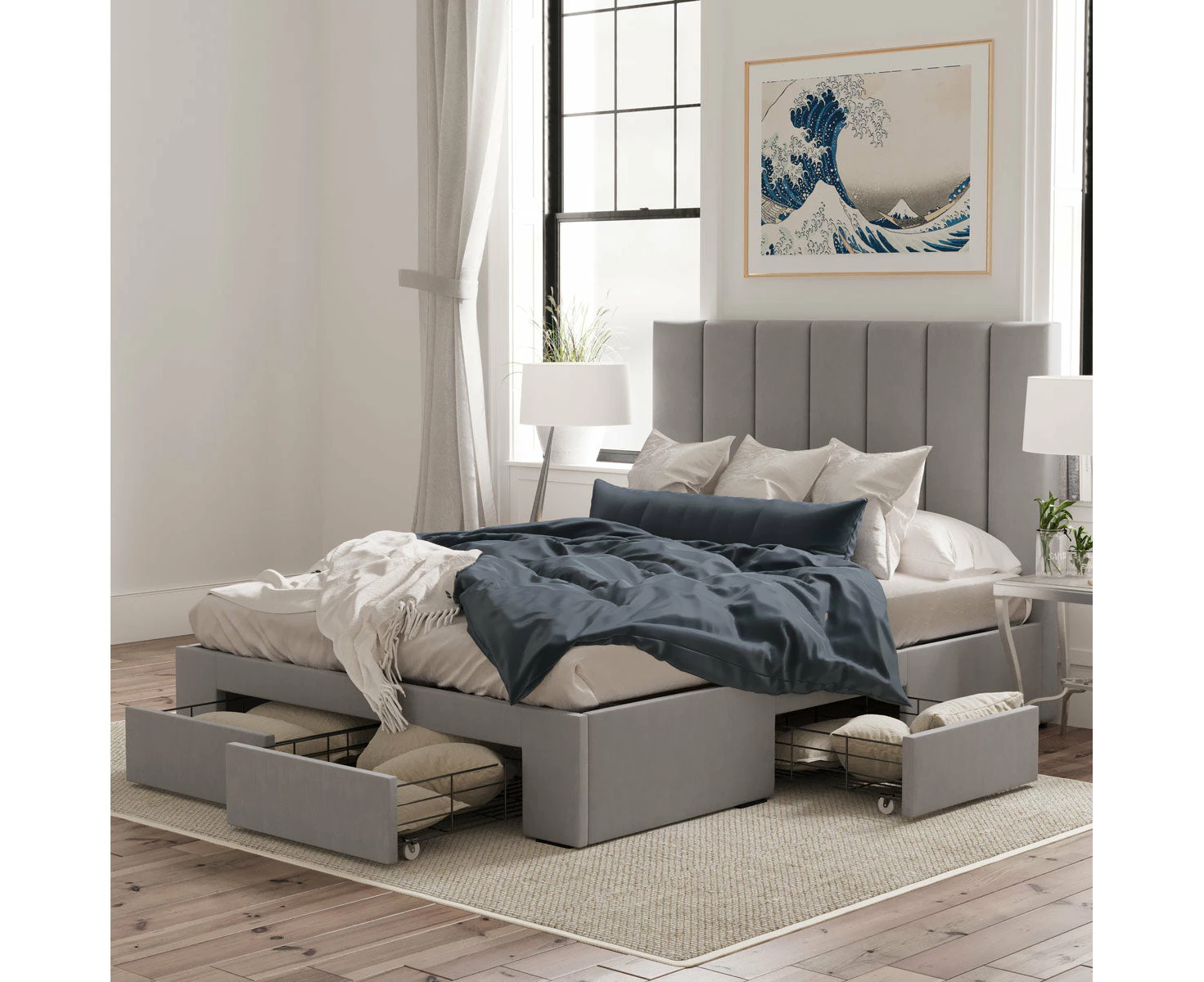 Four Storage Drawers Bed Frame with Tall Vertical Lined Bed Head in King, Queen and Double Size (Grey Fabric)