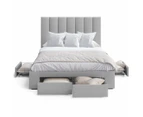 Four Storage Drawers Bed Frame with Tall Vertical Lined Bed Head in King, Queen and Double Size (Grey Fabric)