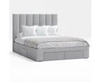 Four Storage Drawers Bed Frame with Tall Vertical Lined Bed Head in King, Queen and Double Size (Grey Fabric)