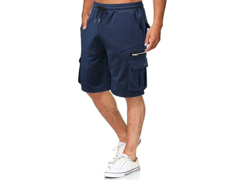Men's Cargo Shorts Elastic Waist Relaxed Fit Cotton Casual Shorts Multi-Pockets-Tibetan blue
