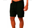 Men's Cotton Linen Shorts Elastic Waist Drawstring Casual Summer Beach Short-black