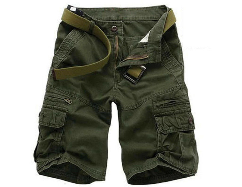 Men's Lightweight Multi Pocket Casual Outdoor Cargo Shorts with Zipper Pockets No Belt-Military Green