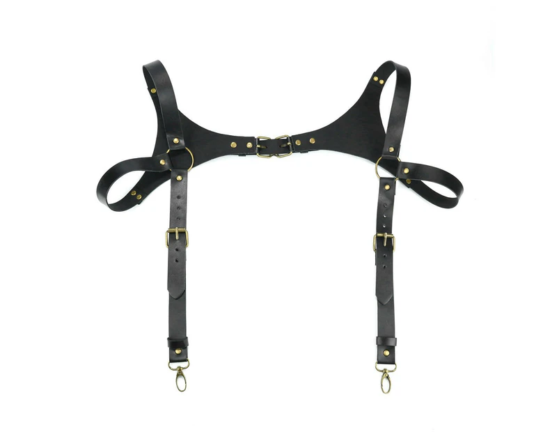 Men Leather Suspenders Shoulder Suspender for Men Adjustable Leather Belts with Buckles-black