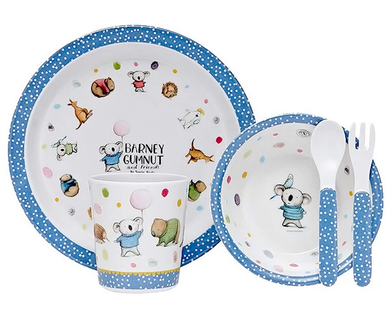 5pc Ashdene Kids Barney Gumnut Friends Melamine Fork/Spoon/Cup/Plate/Bowl Set