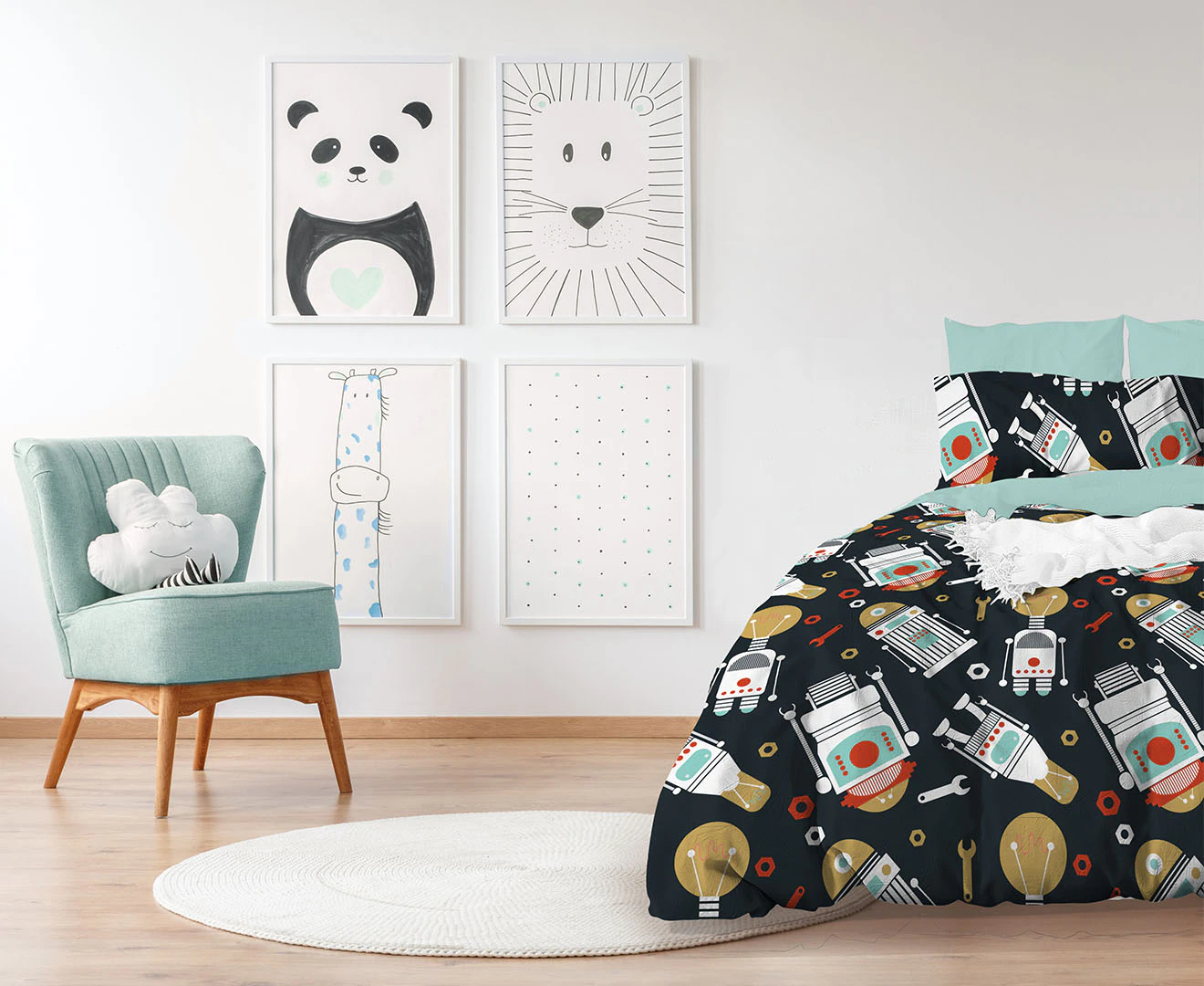 Jelly Bean Kids Glow Robo Single Bed Size Quilt Cover Set w/ Pillowcase Navy