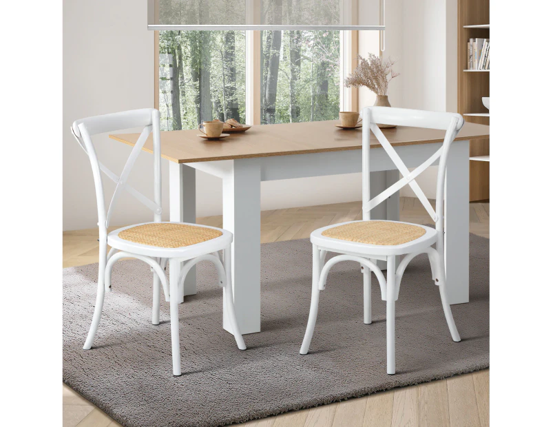 Oikiture 2PCS Crossback Dining Chair Solid Birch Timber Wood Ratan Seat White