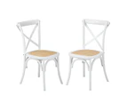 Oikiture 2PCS Crossback Dining Chair Solid Birch Timber Wood Ratan Seat White