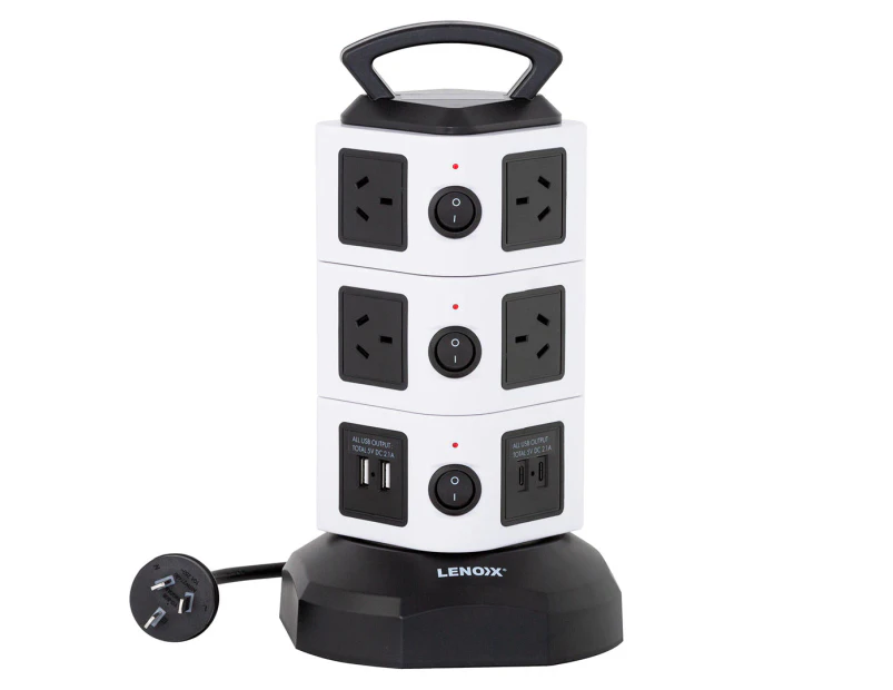 Lenoxx 10-Outlet Tower Power Board w/ 4-Port USB Charging Station