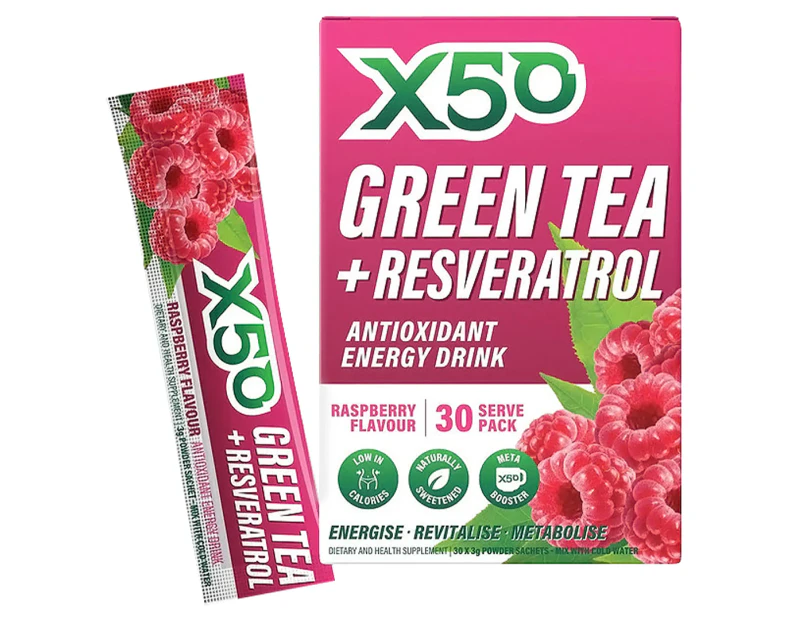 X50 Green Tea + Resveratrol Antioxidant Energy Drink Raspberry 30 Serves