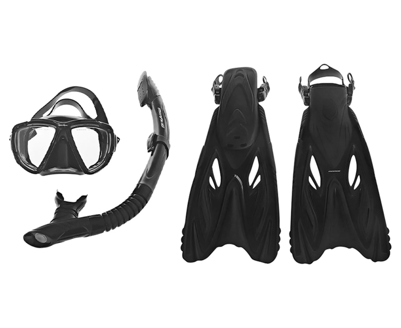 3pc Mirage Adult Rayzor Gold Swimming Beach Mask/Snorkel/Flipper Set Black L/XL