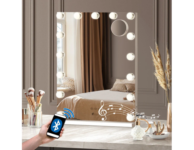 Oikiture 61x43cm LED Makeup Mirror Bluetooth Hollywood Vanity Wall Mirrors Standing Wall Mounted