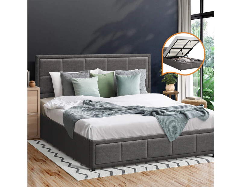 Oikiture Bed Frame Double Size Gas Lift Storage Base Fabric Grey