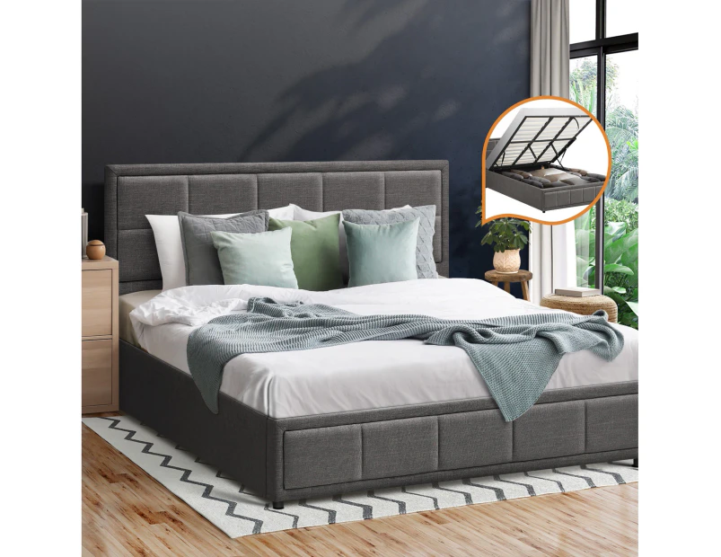 Oikiture Bed Frame King Size Gas Lift Storage Base Fabric Grey