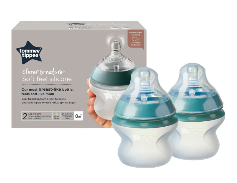 Tommee Tippee 150mL Closer To Nature Soft Feel Silicone Baby Bottles w/ Travel Lids 2-Pack