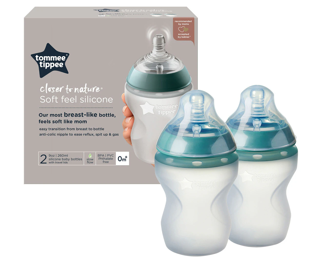 2pc Tommee Tippee 260ml Baby Soft Silicone Feeding Bottle Slow Flow w/Lid 0m+