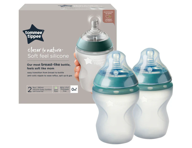 Tommee Tippee 260mL Closer To Nature Soft Feel Silicone Baby Bottles w/ Travel Lids 2-Pack