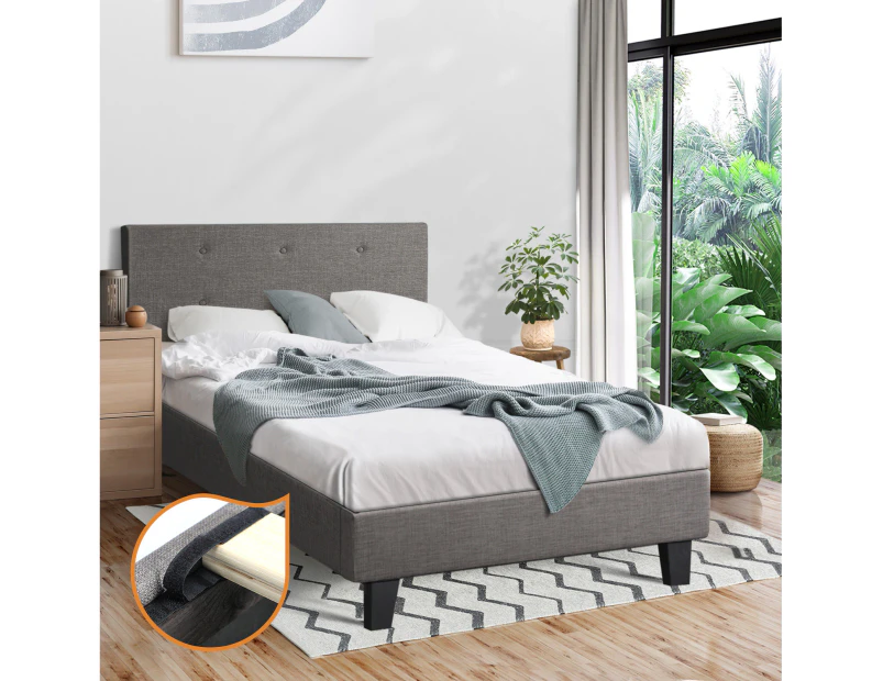 Oikiture Bed Frame Single Size Bed Platform Wooden Fabric Grey