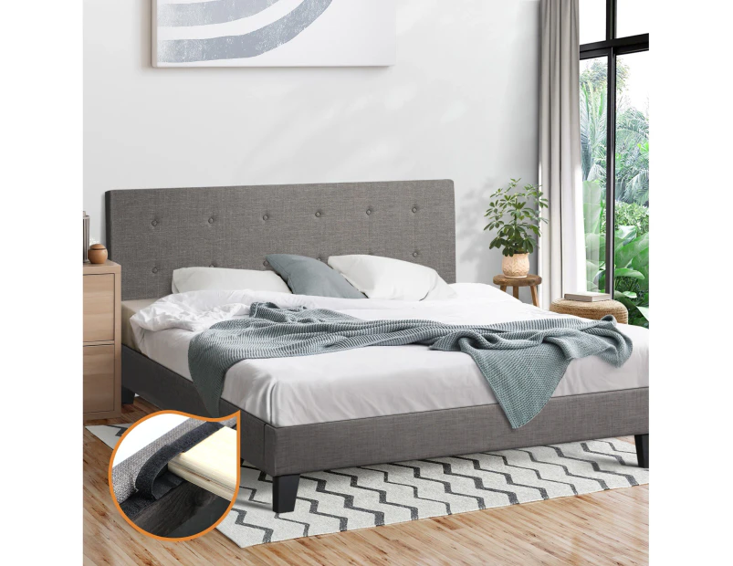 Oikiture Bed Frame King Size Bed Platform Wooden Fabric Grey