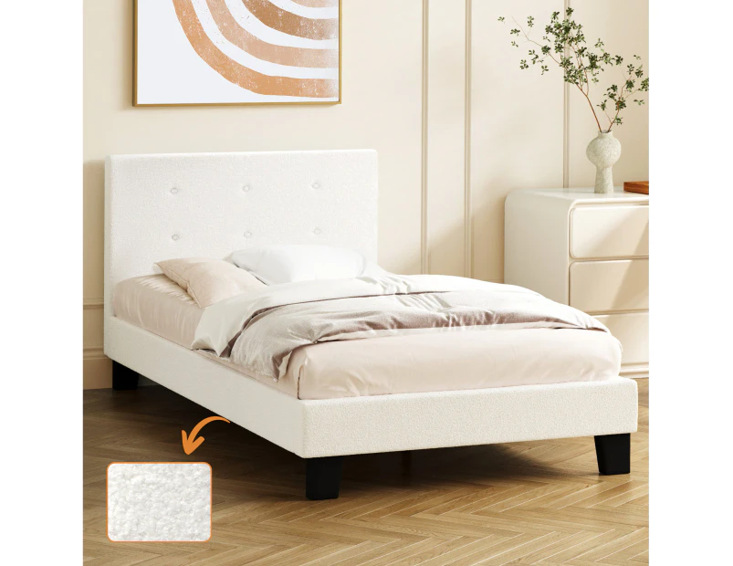 Oikiture Bed Frame Single Size Bed Platform White Boucle