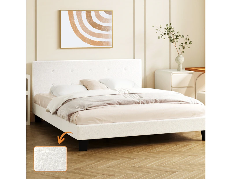 Oikiture Bed Frame Double Size Bed Platform White Boucle