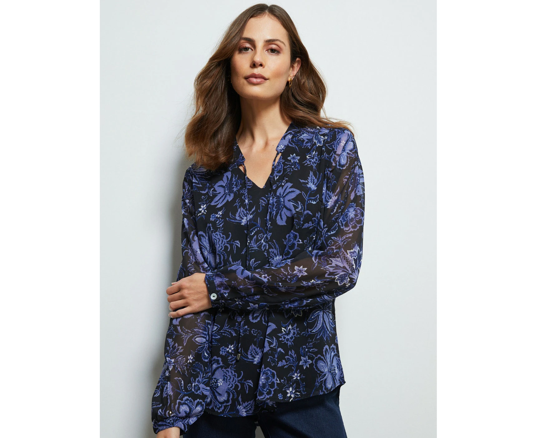 Liz Jordan - Womens Summer Tops - Blue Basic - Floral - Office Wear Work Clothes - Navy Blazer - Long Sleeve - Tie Neck - Smart Casual Fashion Outfit