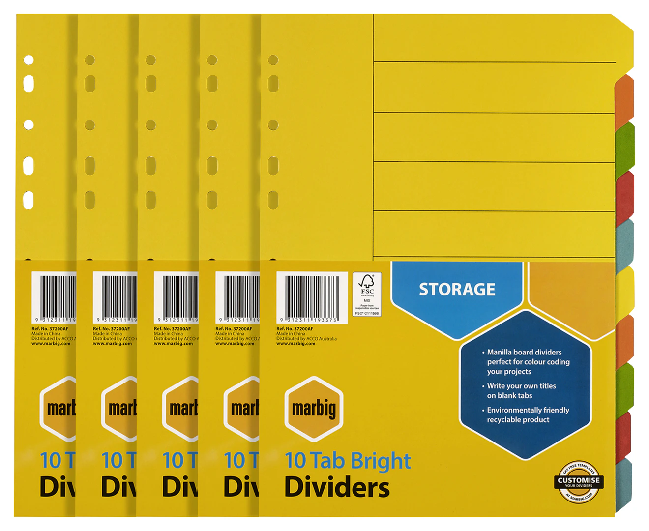 4 x Marbig Manilla A4 10-Tab Bright Document Dividers - Yellow/Multi