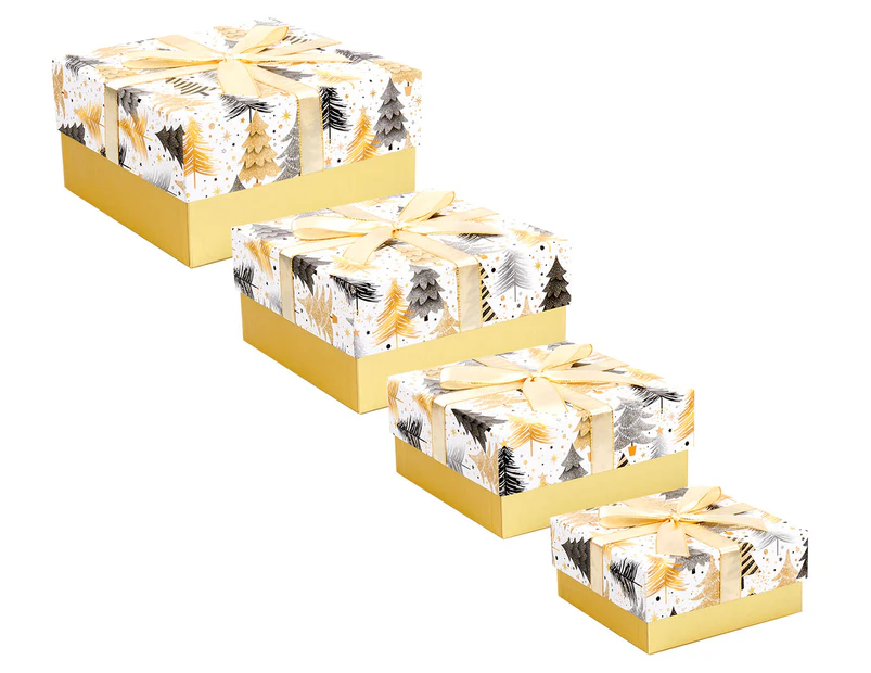 Set of 4 DATS Square Xmas Gift Box w/ Gold Foil and Bow