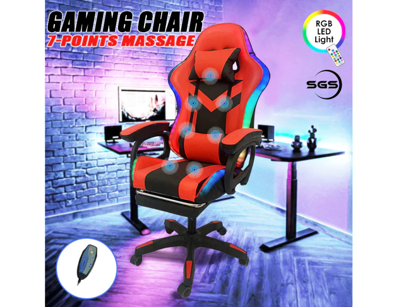 Delux RGB LED Lights Gaming Chair Office Computer Racing Massage Lumbar Retractable Footrest Red
