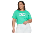 AUTOGRAPH - Plus Size - Womens Summer Tops - Green Tshirt / Tee - Cotton Graphic - Relaxed Fit - Short Sleeve - Crew Neck - Regular - Sequin Fashion - Green