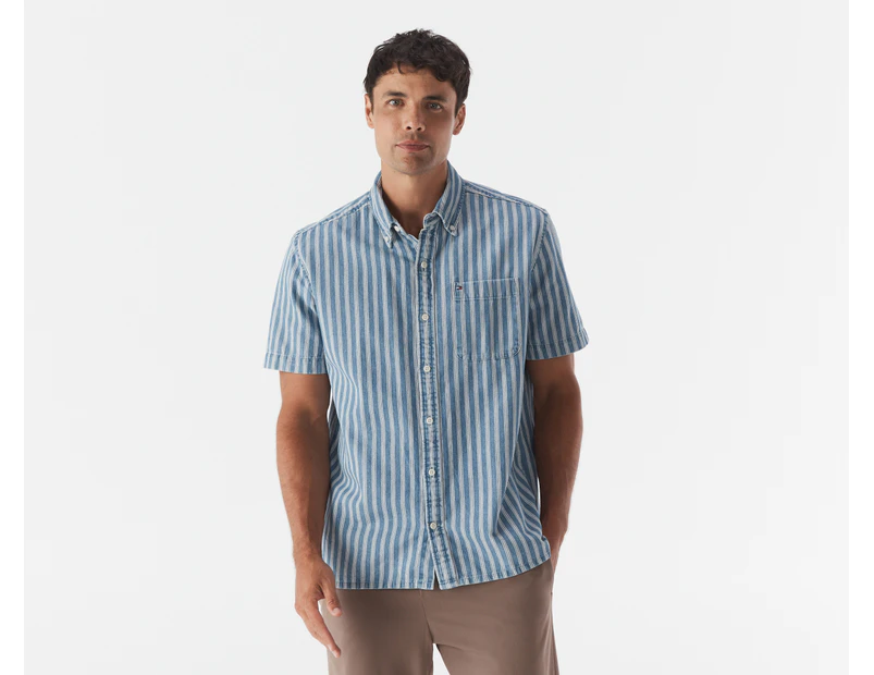 Tommy Hilfiger Men's Curtis Indigo Stripe Short Sleeve Shirt - Medium Wash