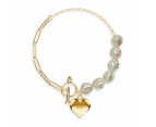 Pearl Paper Clip Chain Heart Gold Layered Stainless Steel Bracelet