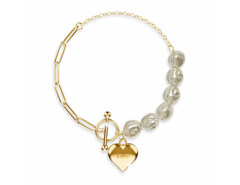 Pearl Paper Clip Chain Heart Gold Layered Stainless Steel Bracelet