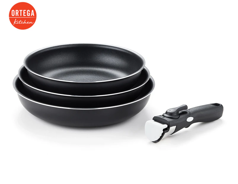 Ortega Kitchen 4-Piece Stackable Non-Stick 22/24/26cm Frypan Set w/ Detachable handle