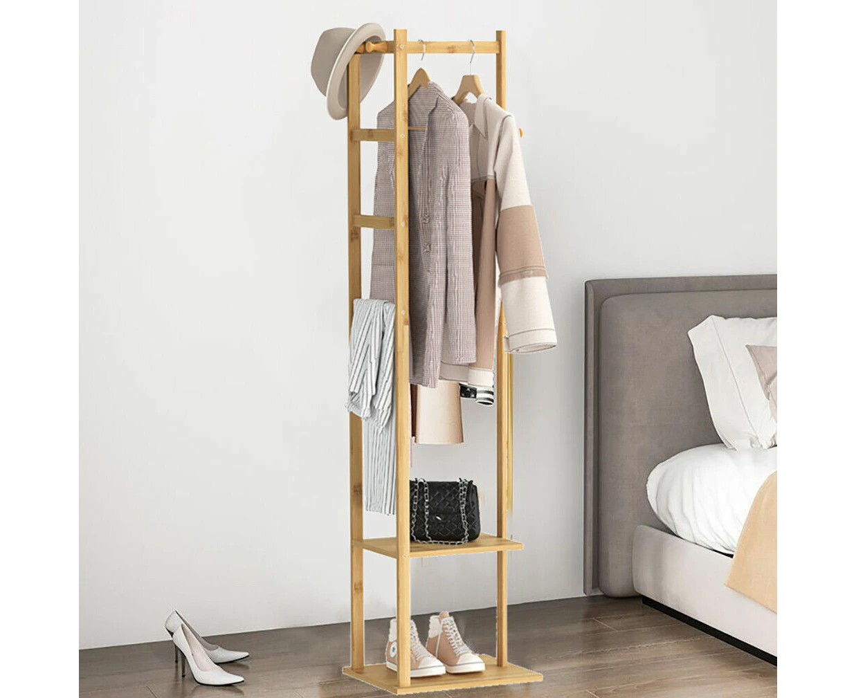 UNHO Bamboo Corner Clothes Garment Shelf Pants Rack with 2 Tier Shelf & Hanging Rail