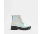 Target Girls Senior Holographic Lace Up Boot - Silver