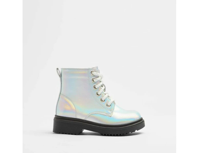 Target Girls Senior Holographic Lace Up Boot - Silver