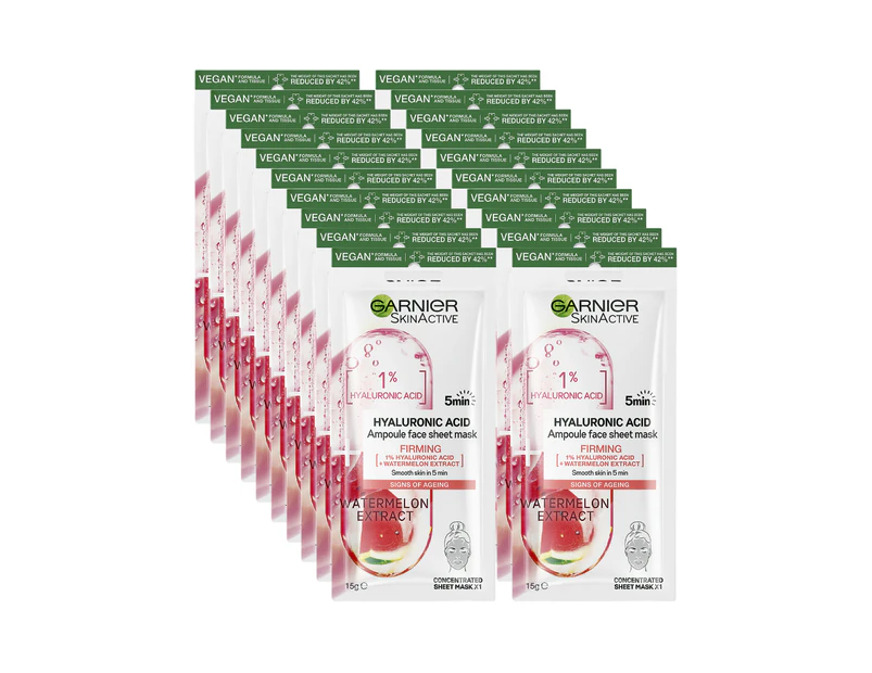 20 x Garnier SkinActive Hyaluronic Acid Sheet Face Mask 15g - Watermelon Extract