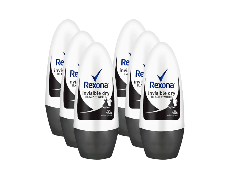 6 x Rexona Invisible Dry Black + White Deodorant Roll On 50mL