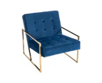 Arm Chair Velvet Upholstery Blue Colour Wooden Frame High Density Foam Metal Base with Gold Paint