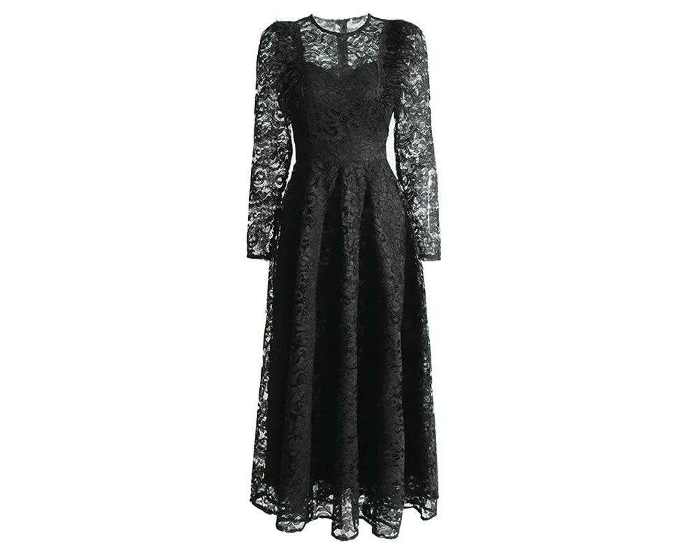 Julie Feather Embroidered Lace Maxi Dress - Black